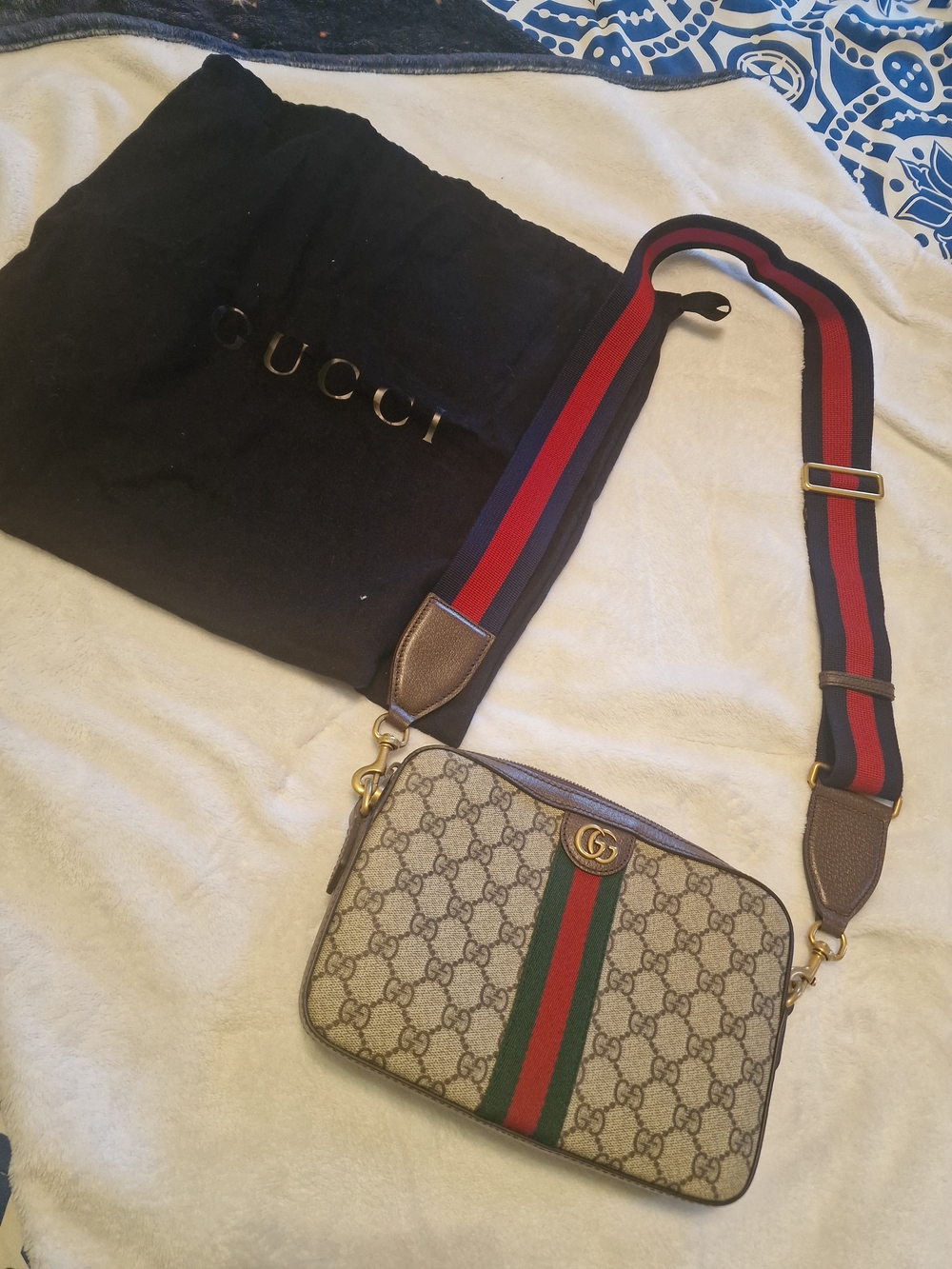 Gucci Ophidia GG Canvas Messenger Bag with Red & Green Stripe